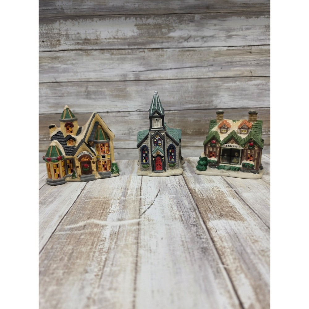 Cobblestone Corners 2002 Christmas Village Set Music Shop Church Grocery 3pc